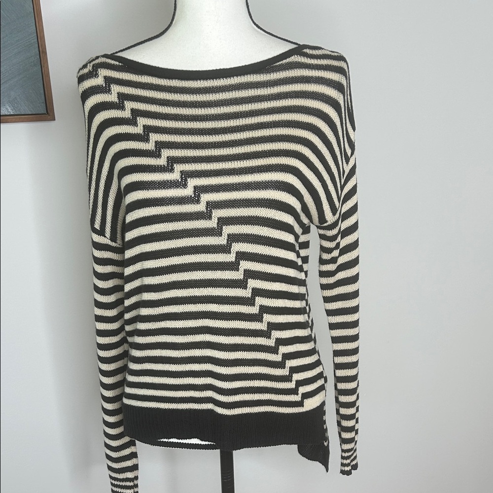 Minnie Rose Black and Cream Striped Sweater, Small